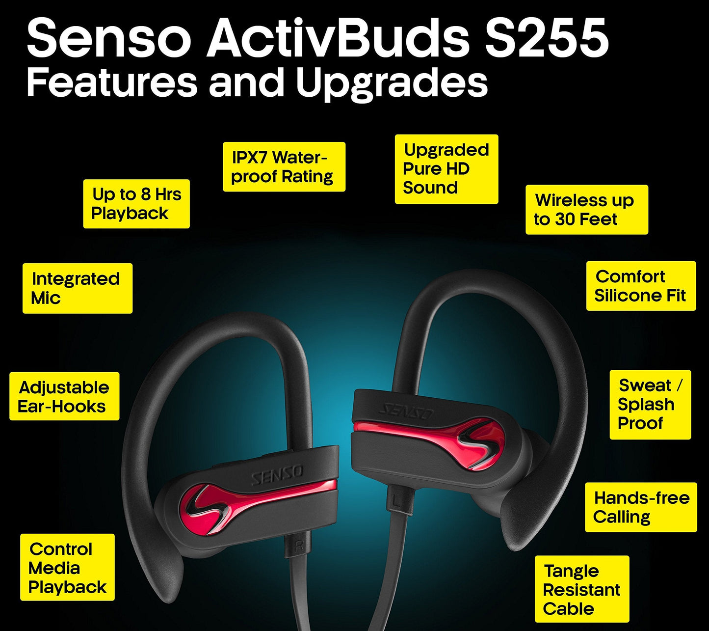 SENSO Bluetooth Headphones, Best Wireless Sports Earphones w/Mic IPX7 Waterproof HD Stereo Sweatproof Earbuds for Gym Running Workout 8 Hour Battery Noise Cancelling Headsets