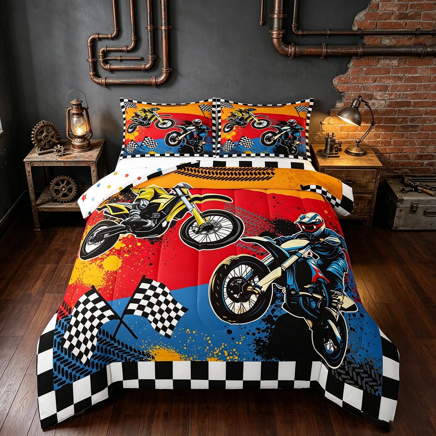 Feelyou Boys Dirt Bike Comforter Set Twin,Motocross Rider Bedding Set,Black White Buffalo Plaid Duvet,Cool Sport Car Quilted Comforter Motorcycle Bedding for Kids Teens Bedroom Decor