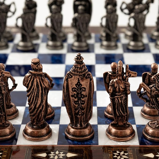 15” Handmade Wooden Storage Chess Set – Handmade Wooden Chess Board with Metal Pieces – Luxury Chess Gift for Adults Decorative &amp Collectible (Blue)