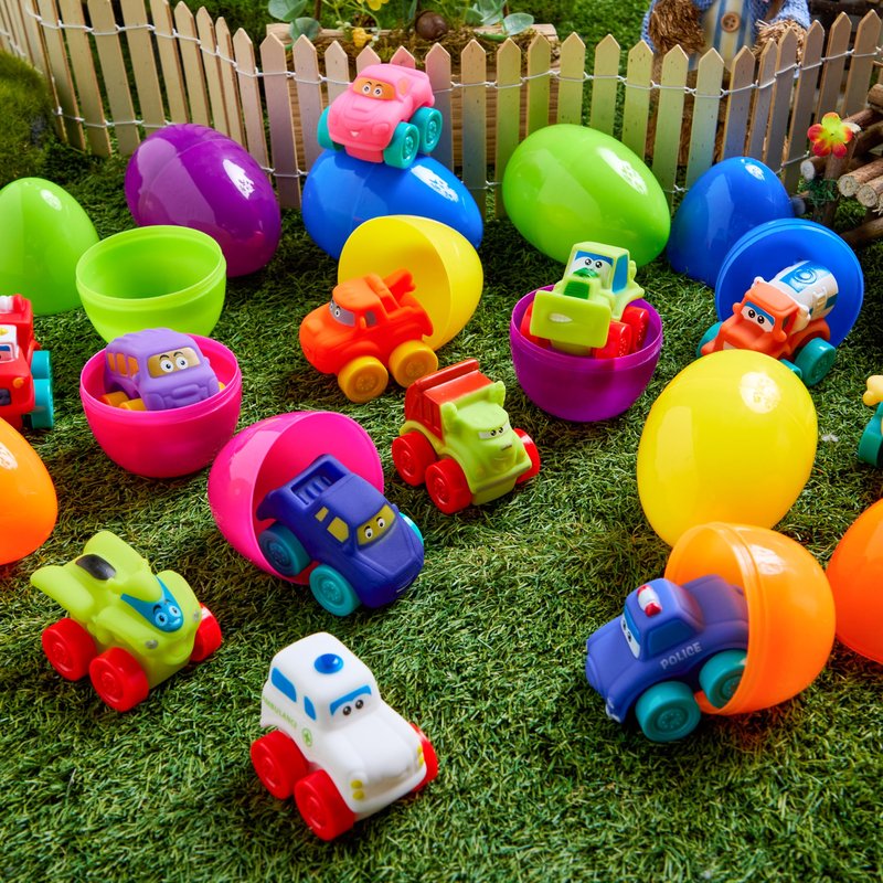 JOYIN 12 Pcs Easter Eggs with Toys, Plastic Eggs with Rubber Cars, Basket Stuffers, Party Favors for Toddlers and Kids, Easter Game, Classroom Prize Supplies
