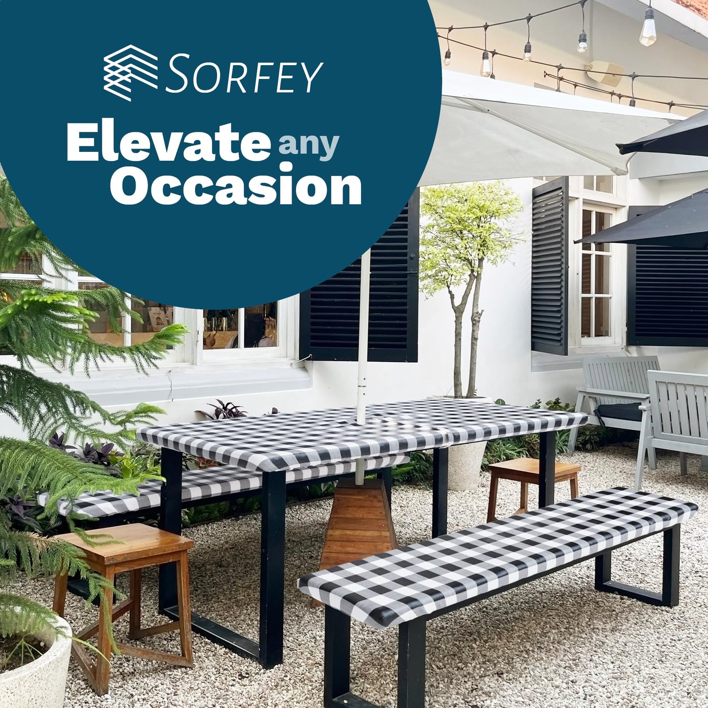Sorfey Vinyl Umbrella Picnic Table and Bench Fitted Tablecloth Cover, Checkered Design, Flannel Backed Lining, 30x96 Inch, 3-Piece Set, Green