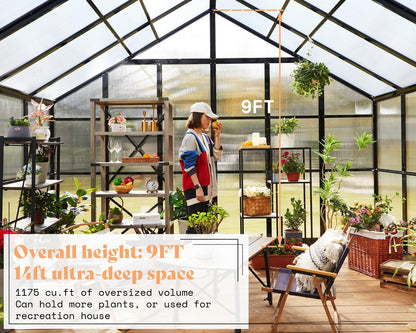 AMERLIFE 12x13.5x9 FT Walk-in Backyard Greenhouse, Aluminum Frame with Polycarbonate Panels, Easy Quick-Connect Assembly, 6.7 FT Bronze Double Doors, 4 Ventilation Windows, Black