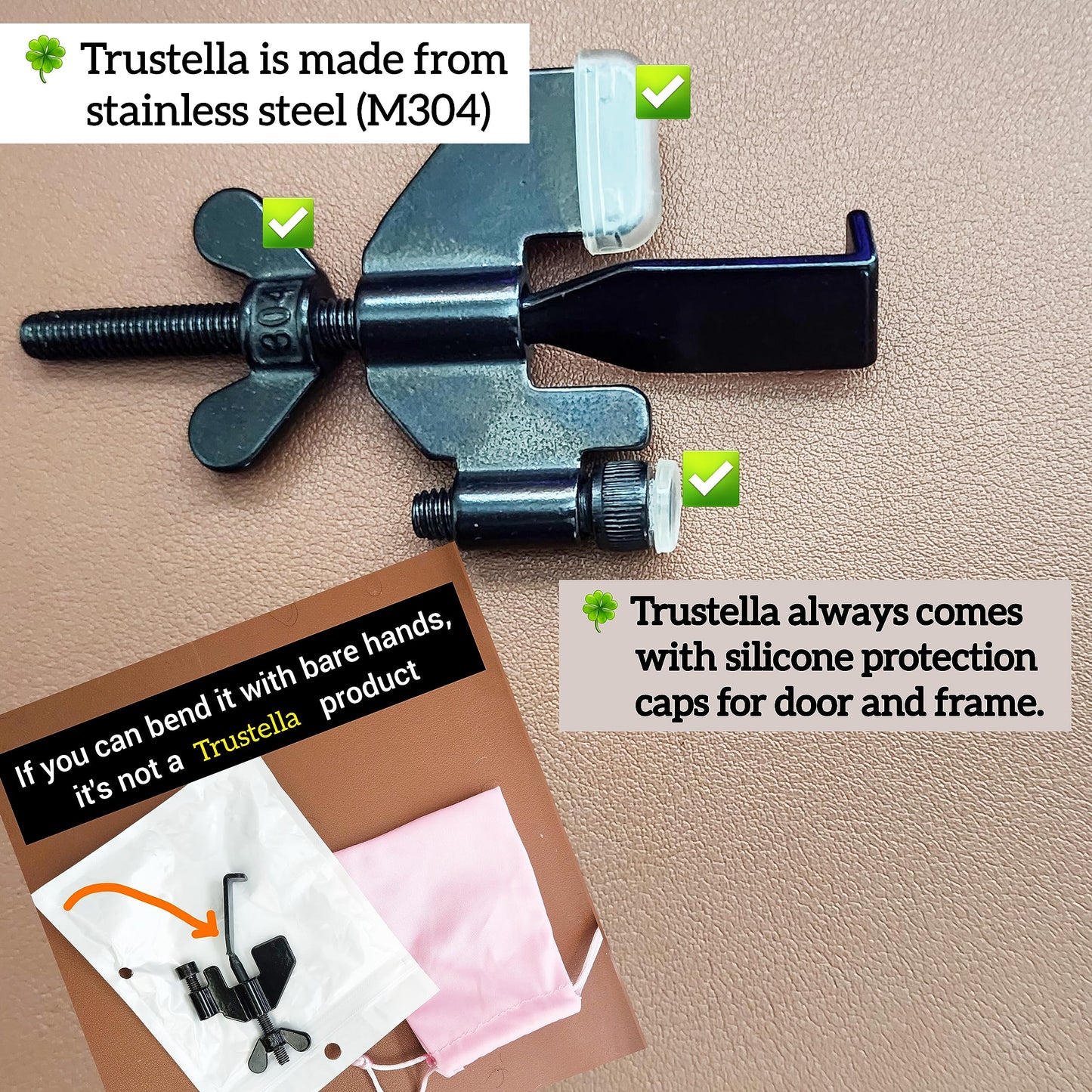 Original Trustella Heavy-Duty Portable Door Lock - Stainless Steel Security Device for Enhanced Safety - Ideal for Home, Travel, Hotels, Apartments - Silicone Protector Caps Included (1, Black)