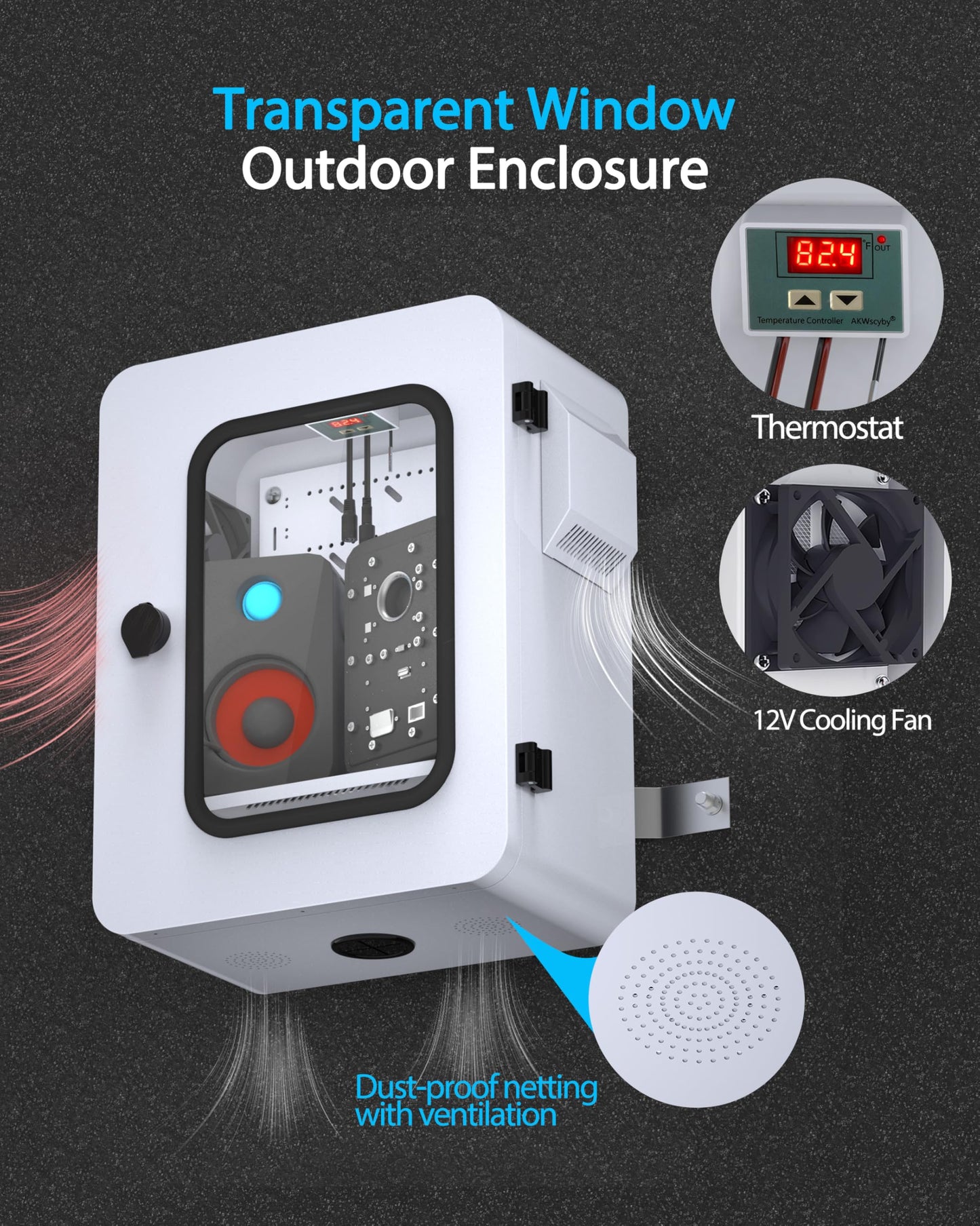 Akwscyby Outdoor Electrical Box with Clear Window and Thermostat and Fan, Precise Temperature Control 0.1°F, IP65 Water Resistant Rating, Galvanized Steel, Aluminum Rear Beam(17.7" x 13.8" x 7.9")