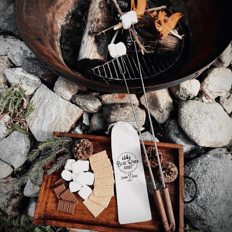 Blue River Goods Smores Sticks | Set of 6 Marshmallow Roasting Sticks | Extendable Stainless Steel w/Walnut Handles | Smore Sticks for Marshmallow Sticks for Fire Pit | Smore Sticks for Fire Pit
