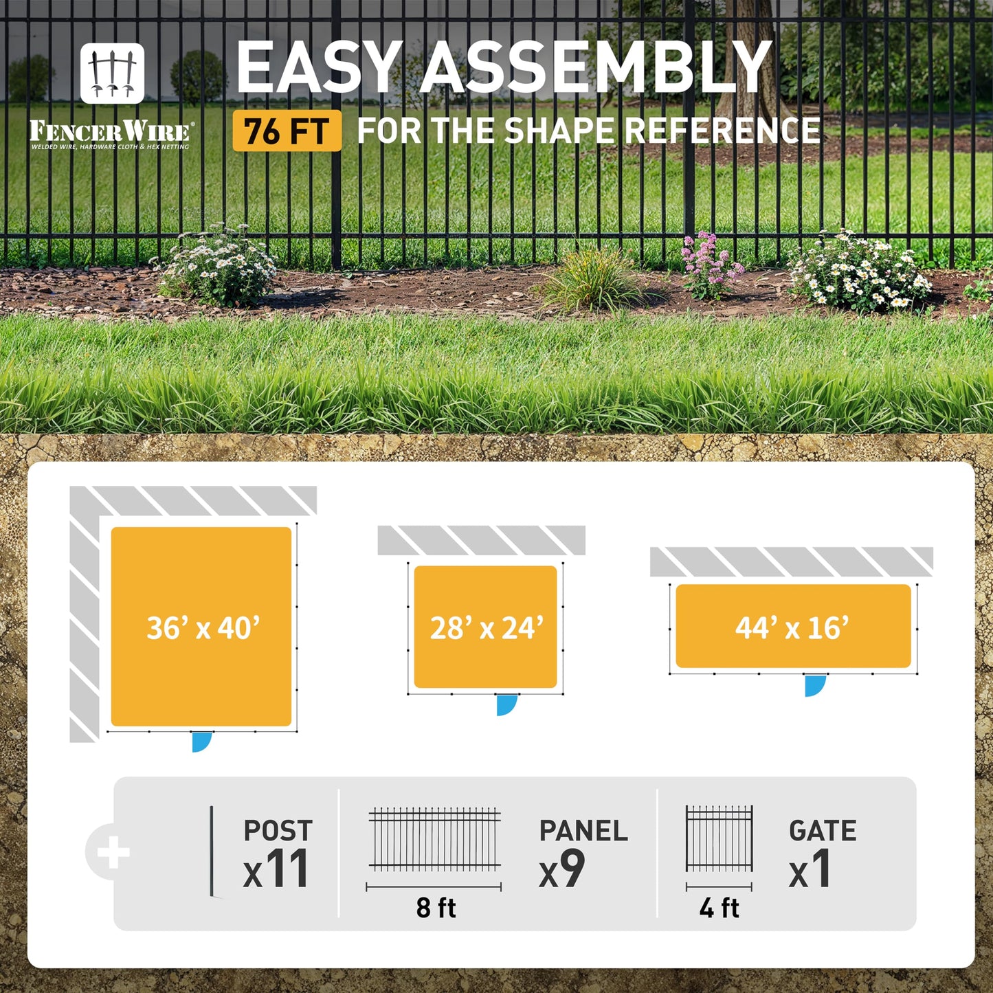 Fencer Wire 76FT Heavy Duty Pinnacle Fence Barrier Kit, Anti-Rust Metal Steel Fence with 5FT Height X 8FT Width Panels, Gate, Posts, Connectors, Outdoor Fencing for Yard, Pool, Patio
