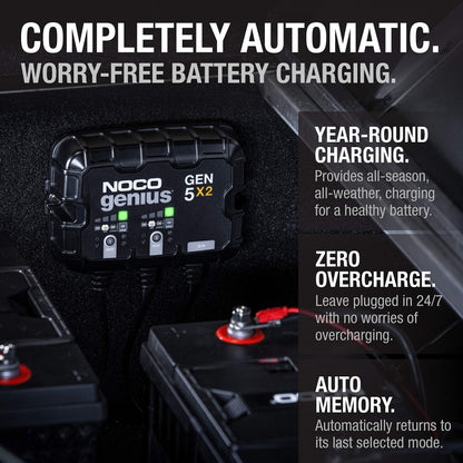 NOCO Genius GEN5X2: 2-Bank, 10A Onboard Battery Charger - 5A Per Bank, 12V Waterproof Marine Charger with Overcharge Protection & Temperature Compensation – for Lead-Acid & Lithium Batteries