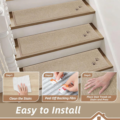 BEQHAUSE Non-Slip Carpet Stair Treads | Soft Indoor Stair Runners, 28"x9", 15pcs, Beige - Machine Washable