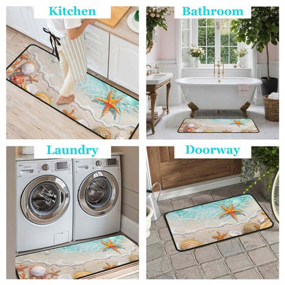 Lumiprinta Ocean Theme Tropical Beach Seashell Starfish Decorative Kitchen Rugs and Mats Set of 2, Low-Profile Floor Mats Decorations for Home Kitchen 17"x47"+17"x30"