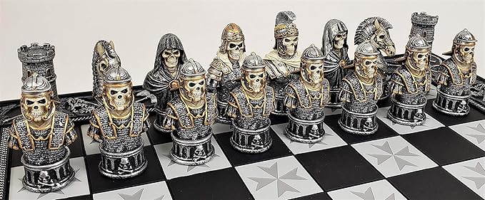 Medieval Times Skull Busts Gothic Fantasy Skeleton Knights Chess Set with 17 Maltese Board