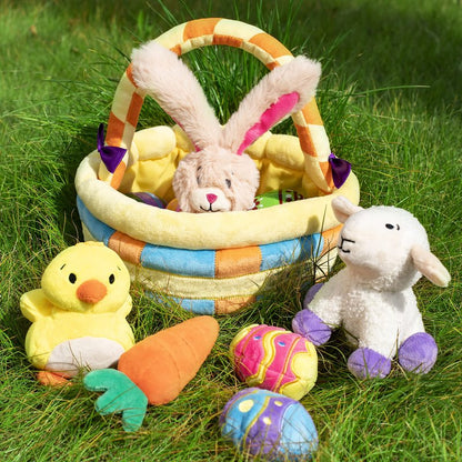 JOYIN 7 PCS Easter Basket Plush Playset Stuffers with Lamb Bunny Chick Carrot Egg Toys, Easter Party Favors Decorations Gifts Supplies for Baby Girls Boys Toddler Kids of All Ages