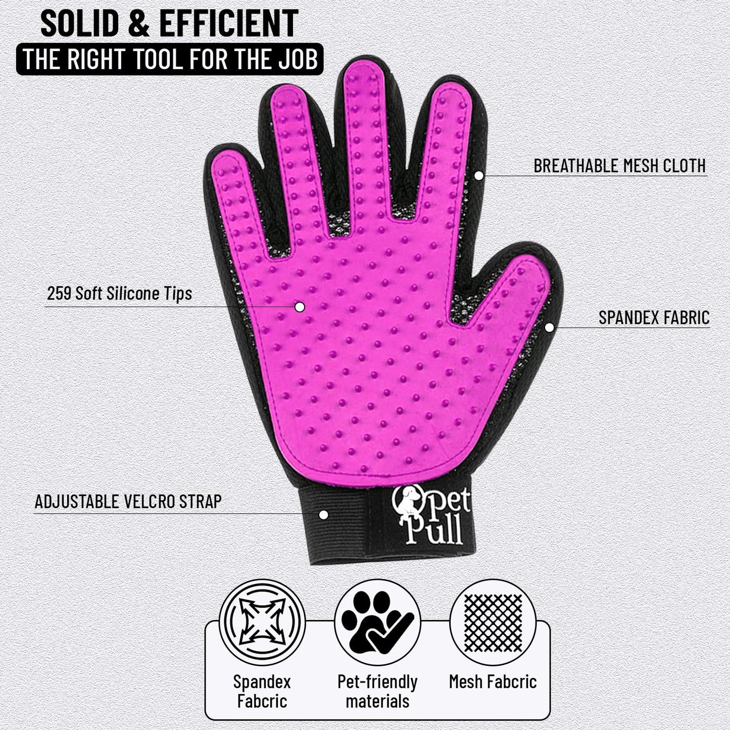 PET PULL Pet Grooming Gloves with 259 Silicone Tips - Pet Hair Removal Tool Gentle Shedding Dog Washing Gloves - Deshedding Brush Hair Remover Mitts for Dogs & Cats for Long and Short Hair (Pink)