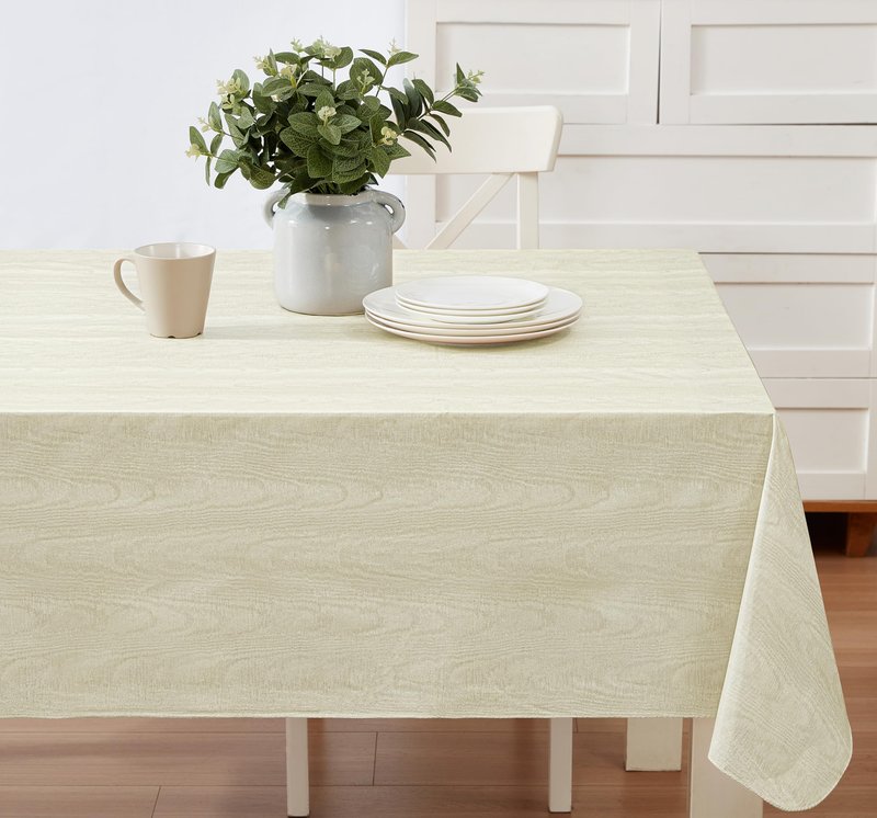 Newbridge Vinyl Flannel Backed Tablecloth, 60 x 84 Inch Rectangle, Beige Moire Wavy Solid Design, Heavyweight Indoor Outdoor Waterproof Table Cover, Easy Care Wipe Clean
