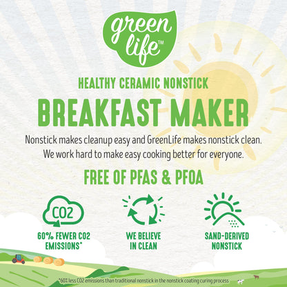 GreenLife 3-in-1 Breakfast Maker Station, Healthy Ceramic Nonstick Dual Griddles for Eggs Meat Sausage Bacon Pancakes and Breakfast Sandwiches, 2 Slice Toast Drawer, Easy-to-use Timer, Turquoise