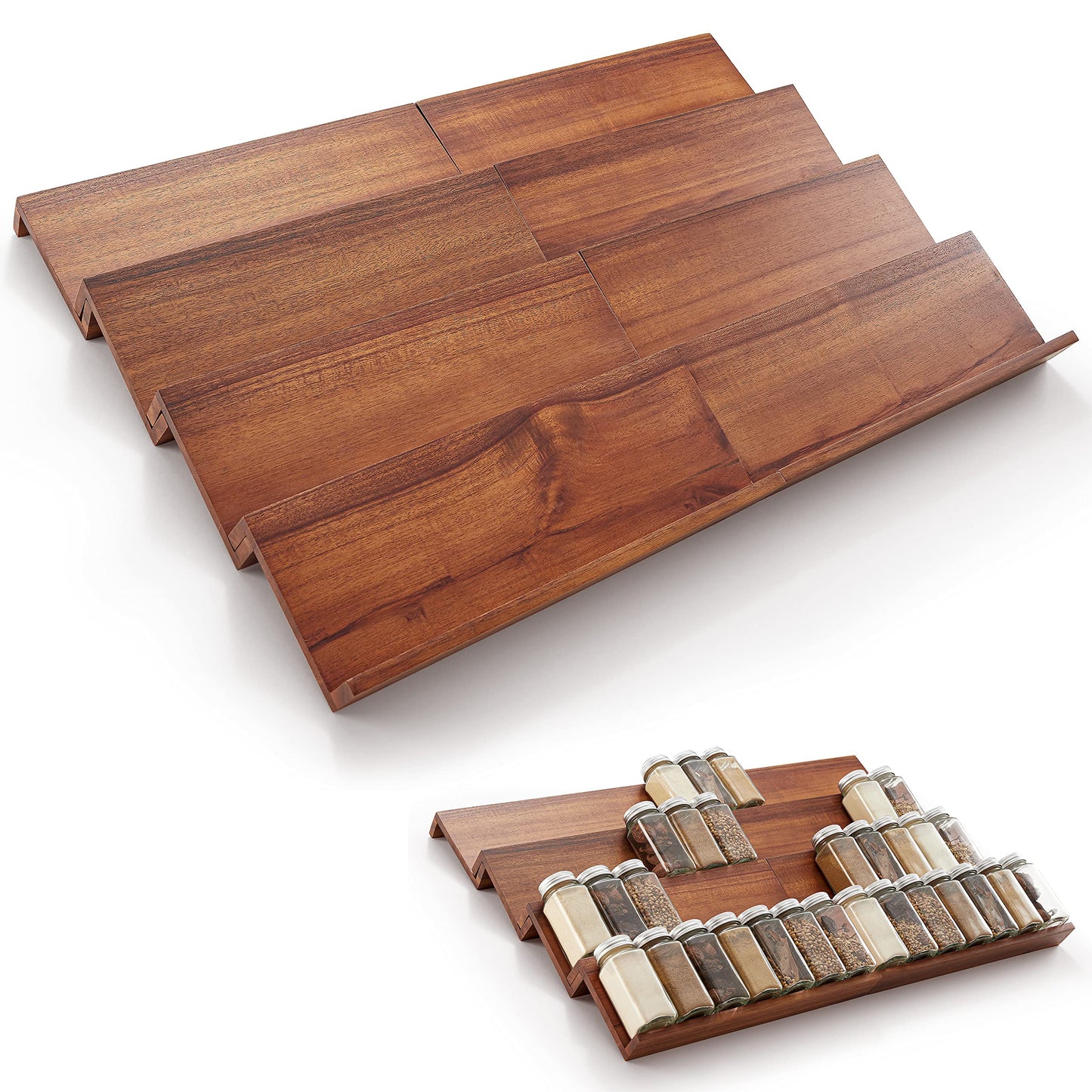Tinamo Wood Spice Drawer Organizer - Acacia Wooden Tray Spice Racks Organizer for Cabinet Storage Shelf - 4 Tier Spice Rack for Drawer 32 Jars (Pack 4)