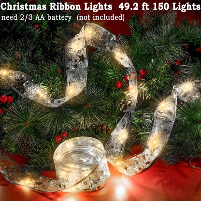 Minetom Christmas Tree Ribbon String Lights - 33ft 100 LED Battery Powered Fairy Lights with Timer