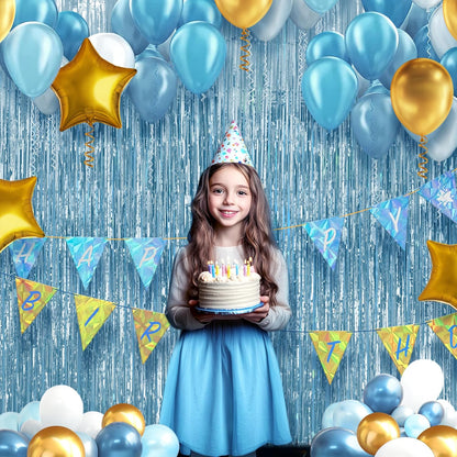 Skiennix Light Blue Fringe Backdrop - 3.2x8.2ft Shining Foil Tinsel Curtains for Parties & Events