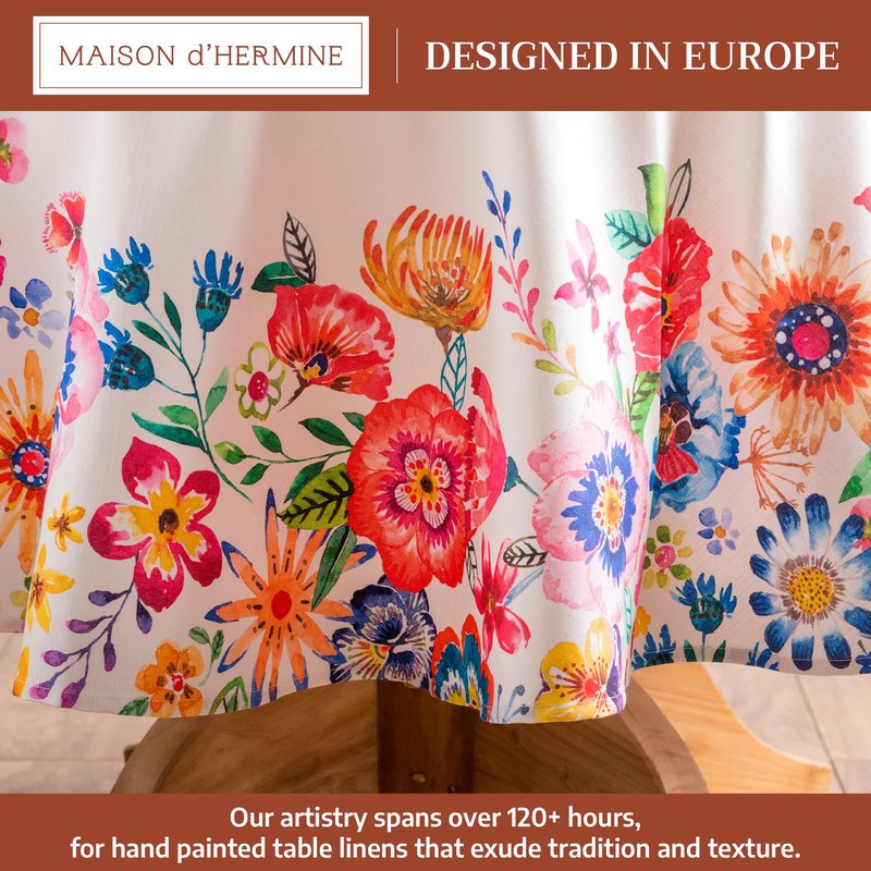 Maison d' Hermine Table Cloth Round Table 100% Cotton 63 Round Inches Tablecloth Reusable Decorative for Dining Kitchen Farmhouse Home Gifts for Mothers Day Spring Summer- Happy Florals -High Summer