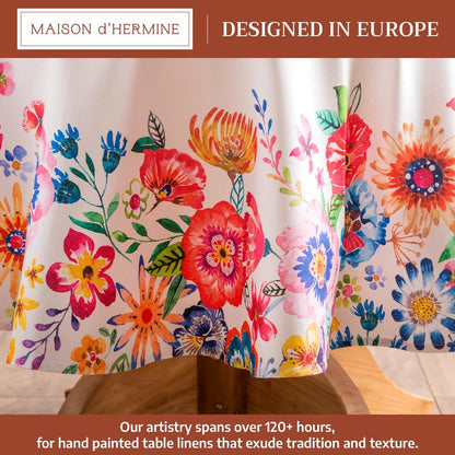 Maison d' Hermine Table Cloth Round Table 100% Cotton 63 Round Inches Tablecloth Reusable Decorative for Dining Kitchen Farmhouse Home Gifts for Mothers Day Spring Summer- Happy Florals -High Summer