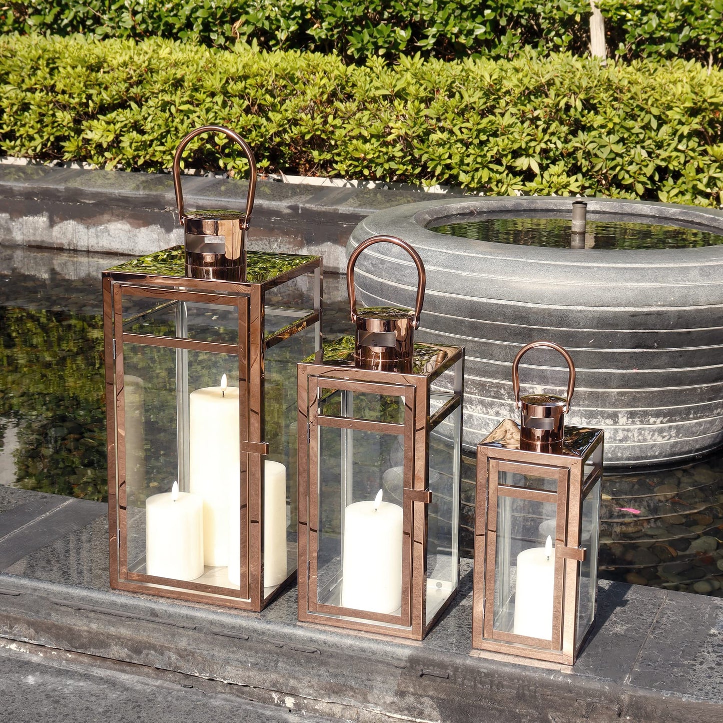 TRIROCKS Set of 3 Stainless Steel Candle Lantern 19'' High Metal Candle Holder with Clear Glass Panels Perfect for Home Decor Living Room Parties Events Tabletop Indoors Outdoors (Rose Gold)