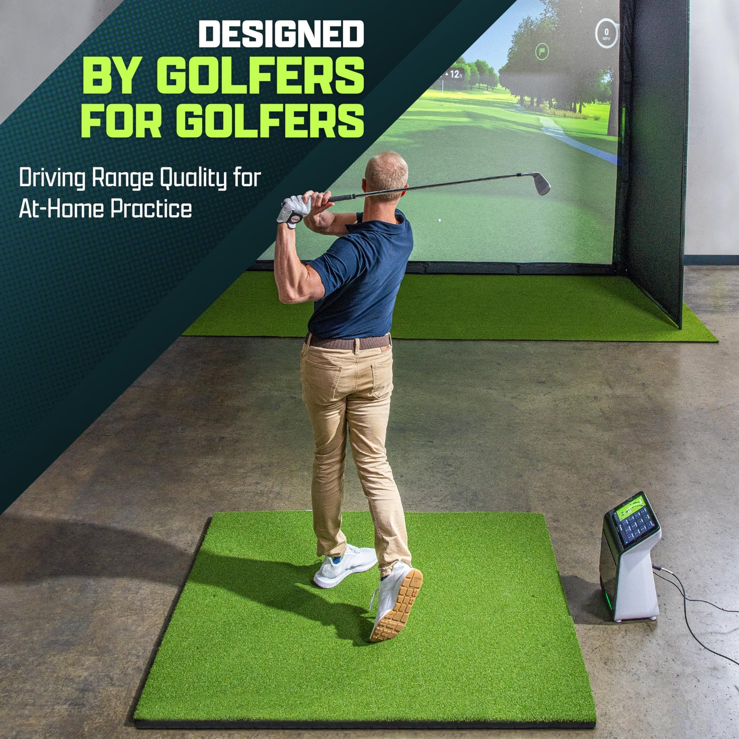 GoSports Golf Hitting Mat - ELITE 5 x 5 ft - 15 mm Artificial Turf Training Mat for Indoor/Outdoor Swing Practice, Includes 3 Rubber Tees
