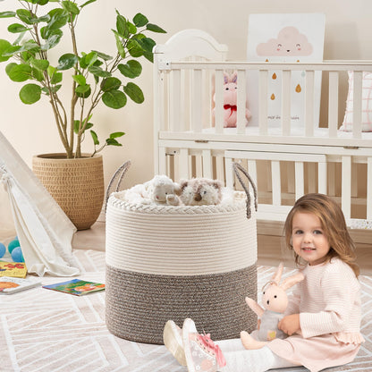 KAKAMAY Large Blanket Basket (18"x18"x16"),Woven Baby Laundry Hamper for Storage, Cotton Rope Blankets Baskets for Nursery, Laundry, Living Room, Pillows, Baby Toy chest with Handles (White/Beige)