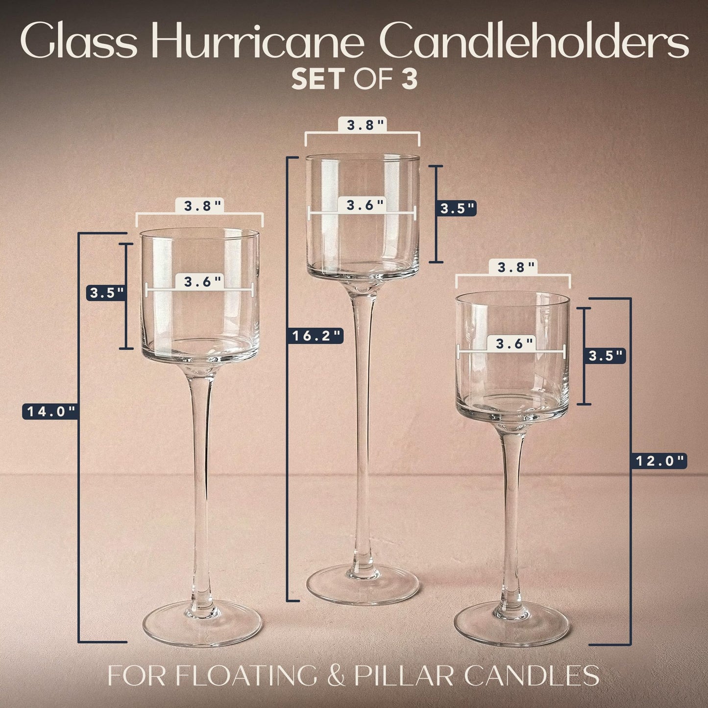 Royal Imports Glass Candleholder Flower Vase, Floating & Pillar Candle Centerpiece Display, Decorative Hurricane on Pedestal for Home or Wedding Set of 3, Clear