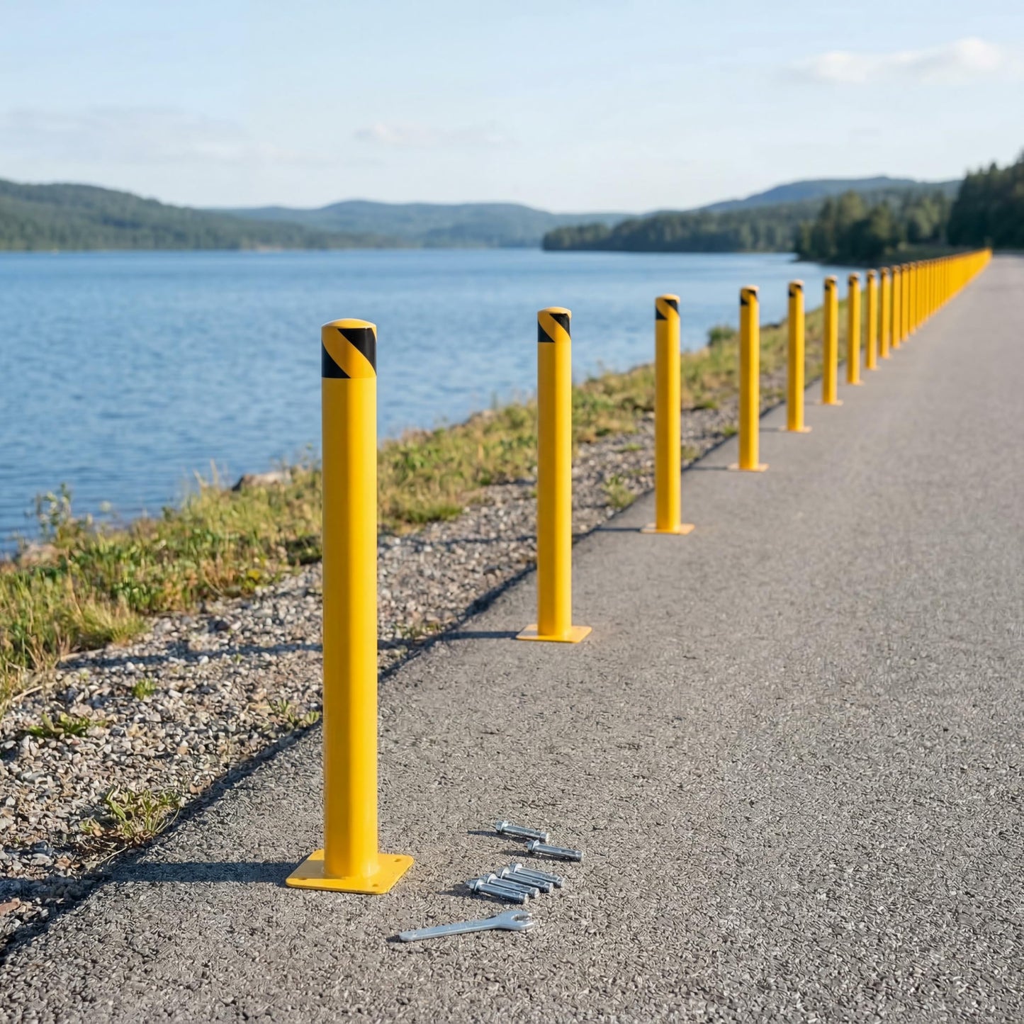 4-Pack 42 Inch Steel Safety Bollards, 4.5 Inch Diameter Parking Bollard Post with 16 Anchor Bolts, Yellow Safety Steel Bollard Post for Driveway Barrier, Traffic Control & Storefront Protection