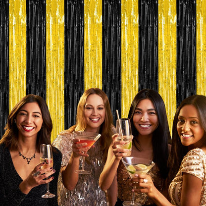 2 Pack Graduation Backdrop, 3.28 FT x 7.05 FT Black and Gold Foil Fringe Curtains, Metallic Foil Curtain Graduation Backdrop, Grad Party Supplies Black and Gold Party Decorations Class of 2026