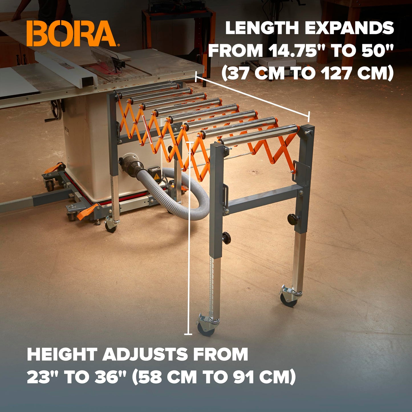 Bora Adjustable Conveyor Rollers Stand Expandable 14 to 50 Inch Table Saw Outfeed Roller for Woodworking 300 lbs Capacity Locking Casters PM-2700