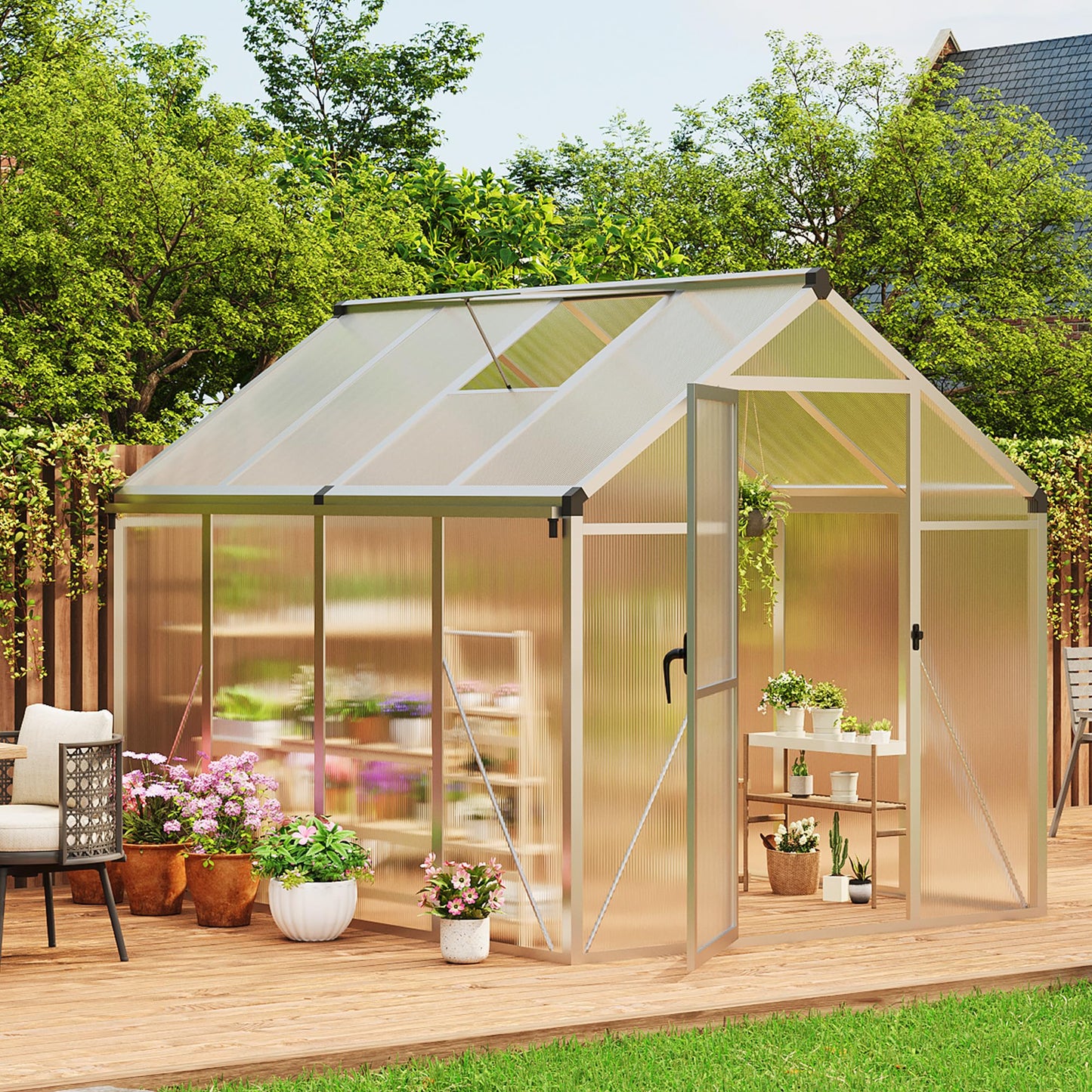 6X8FT Greenhouse, Aluminum Polycarbonate Outdoor Green House, Green Houses for Outside with Sliding Doors, Ajustable Roof Vent, Withstands Bad Weather for Garden, or Backyard, Silver