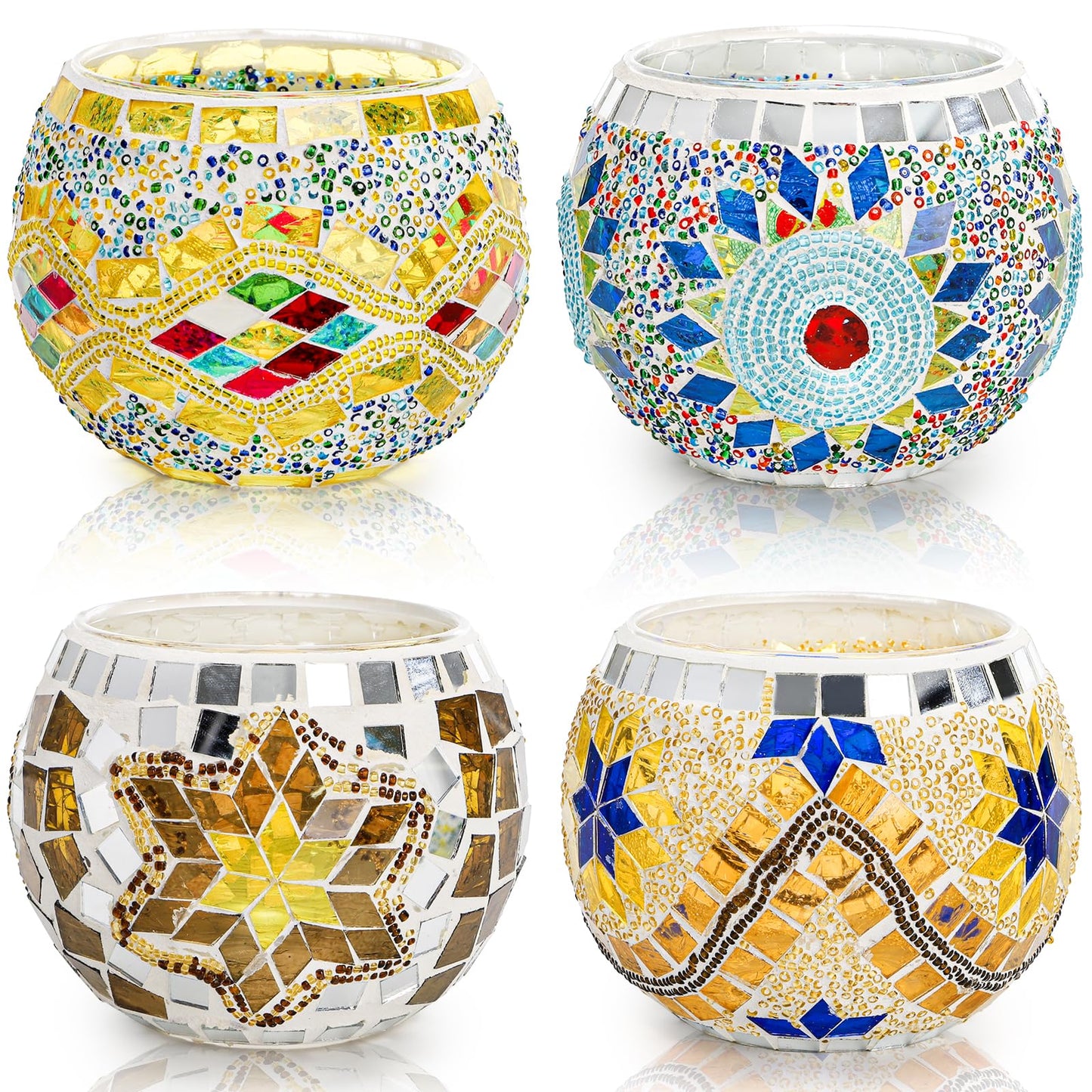 DEAYOU 4 Pack Glass Candle Holders Mosaic, Decorative Glass Tealight Votive Holder Bowl, Scented Candle Stand for Lighting Decor, Gift, Aromatherapy, Also Used as Vase, Pen Holder, Potted Plant Bowl
