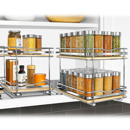 LYNK PROFESSIONAL® Pull Out Spice Rack Organizer for Inside Kitchen Cabinets - 4-1/4 inch Wide - Slide Out Drawer – Chrome Sliding Spice Cabinet Organization Shelf Racks - 2 Tier