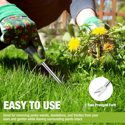 WORKPRO 11.5" Dandelion Weeder Puller Tool with Soft Handle, Polished Stainless Steel Garden Weed Remover Tool, Two-Pronged Fork Weeder Tool for Lawn Farmland Transplant Gardening Plant Tool