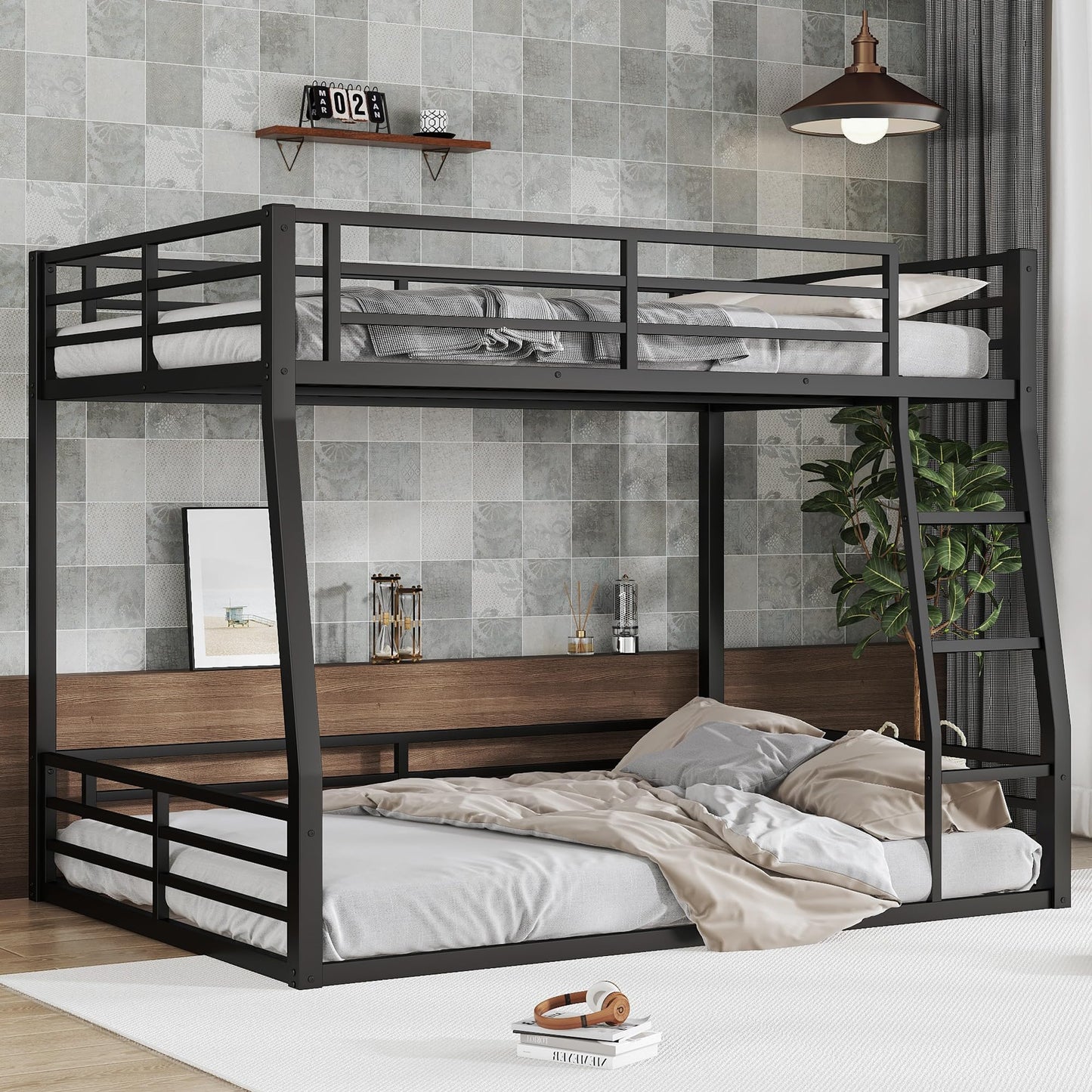 Full XL Over Queen Bunk Bed Frame with Noise Reduced Design, Heavy Buty Floor Bunk Bed Full XL Over Queen Bunk Beds with Build in Ladder for Adults, Teens(Black Floor Bunk Bed)