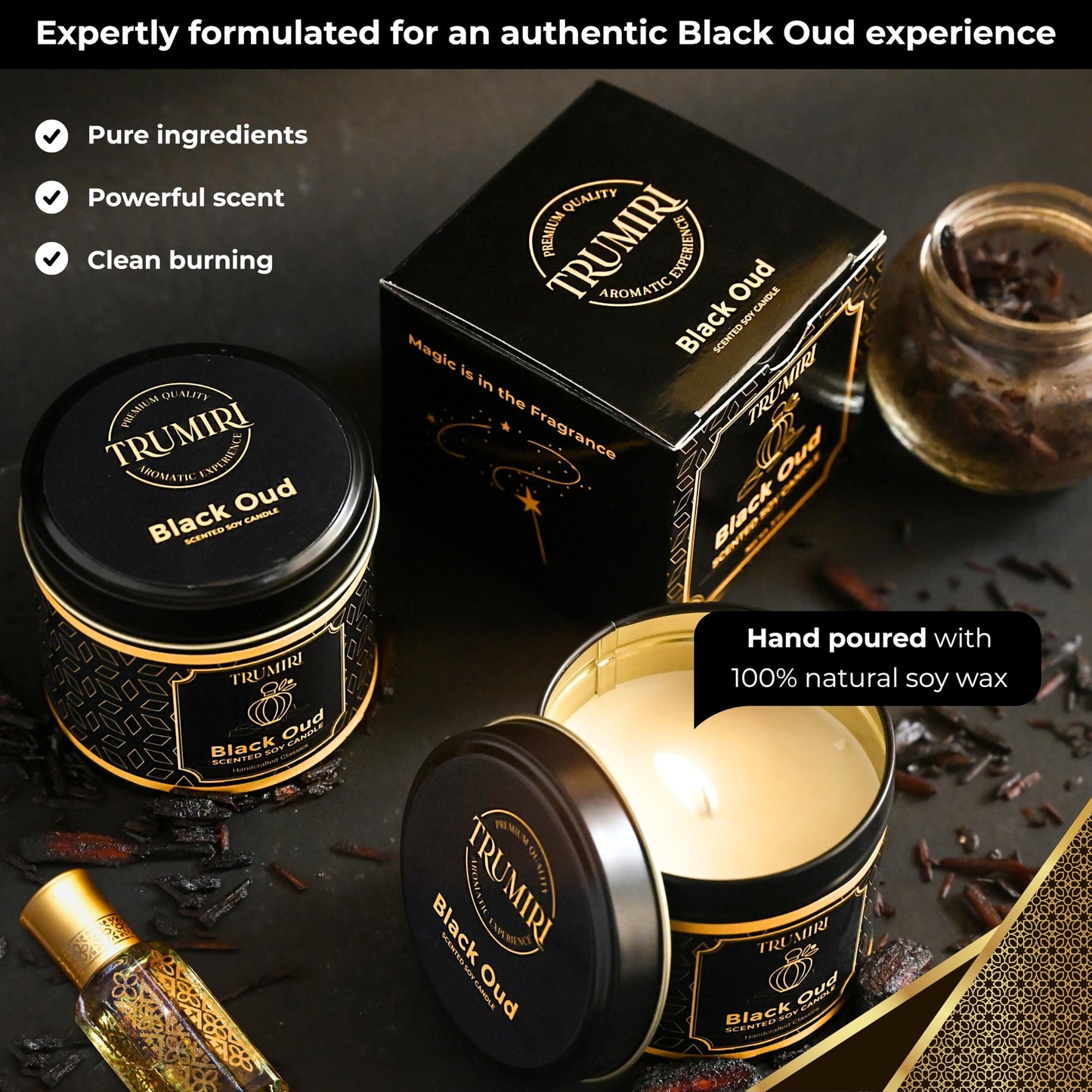 Black Oud Candle Highly Scented Soy Candel Natural Non Toxic Velas Aromáticas Gift for Men 5Oz Decorative Tin Jars with Lids Pack of 3