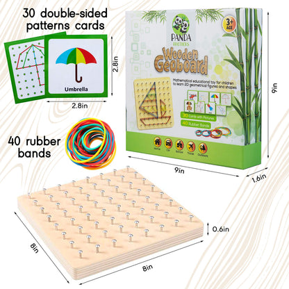 Panda Brothers Wooden Geoboard - Montessori Toys for 3 4 5 Year Old Kids and Toddlers, Educational Toy with 30 Pattern Cards and 40 Rubber Bands to Create Figures, Brain Teaser STEM Toy Geo Board