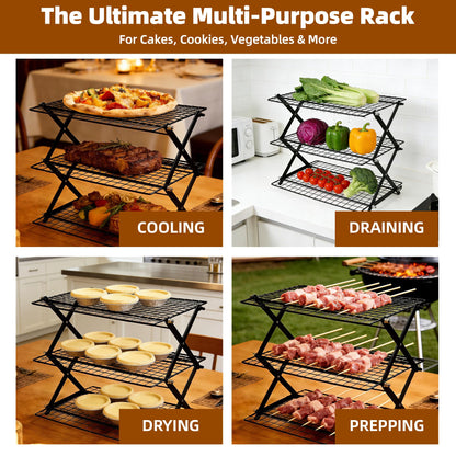 3 Tier Collapsible Cooling Rack with Adjustable 6 Setting Design stackable wire rack for baking sheet for Cookies Baking Gifts for Women (Silver, 3-Tier)