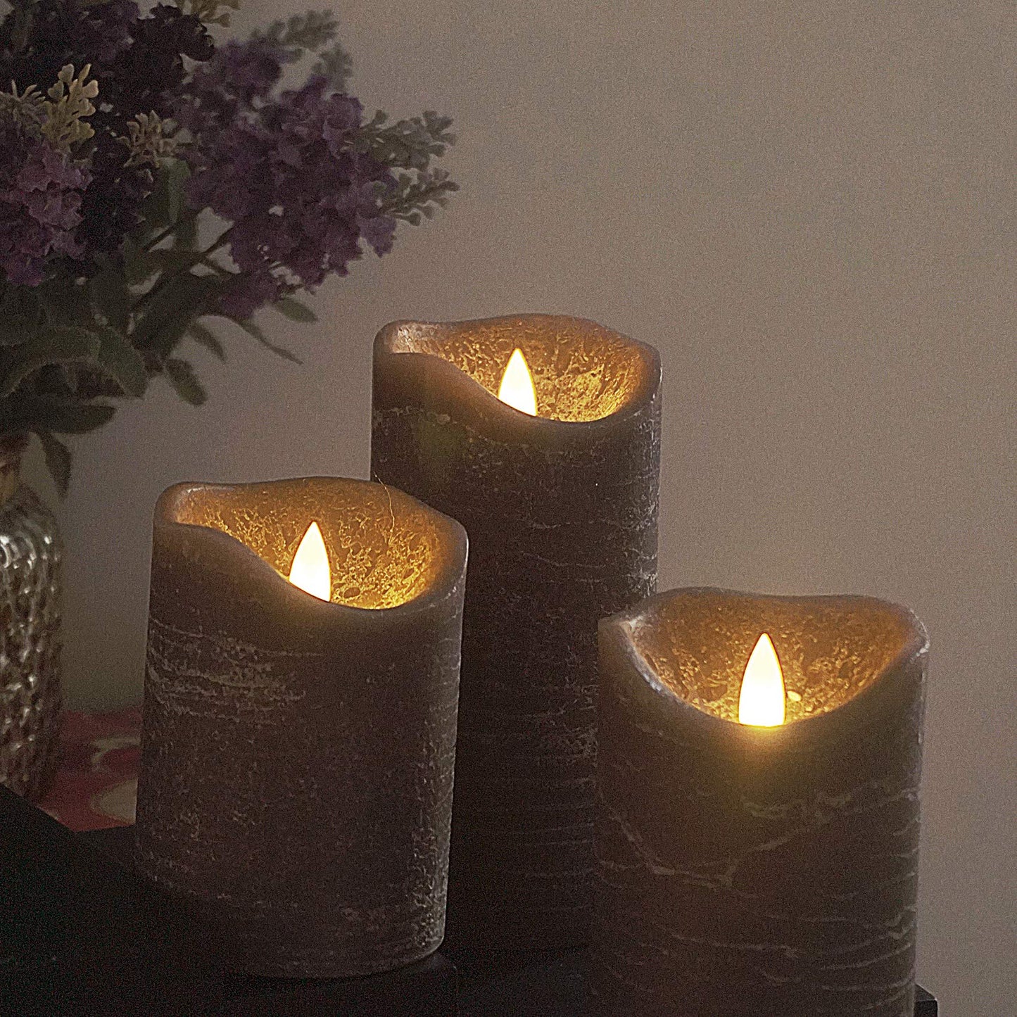 iZAN 3 Pack Real Wax Flameless Candles Battery Operated LED Pillar Flickering Realistic Electric Candle Gift Sets with Remote Control and Cycling 24 Hours Timer 3”D X 4" 5" 6" H (Grey)