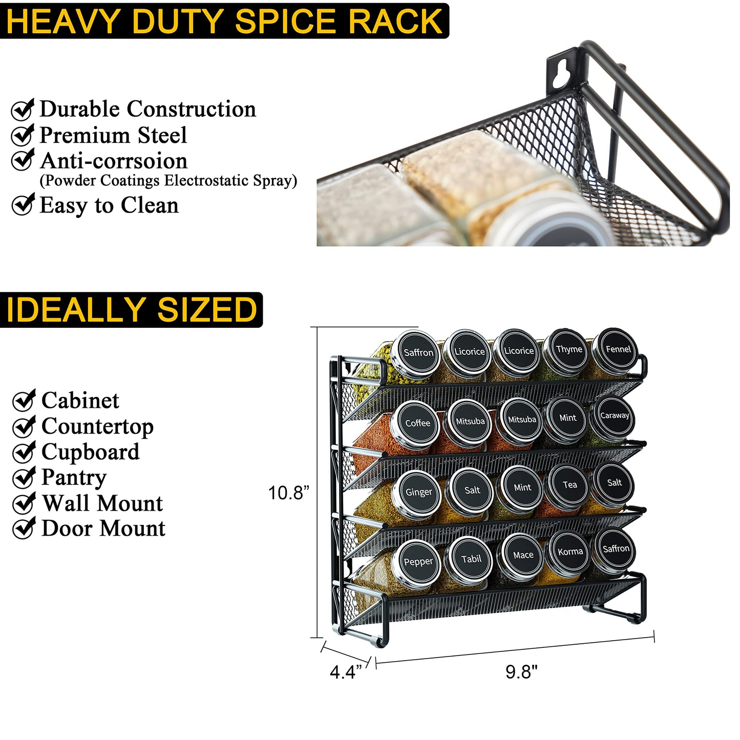 SpaceAid Spice Rack Organizer with 28 Spice Jars, 386 Spice Labels, Chalk Marker and Funnel Set for Cabinet, Countertop, Pantry, Cupboard or Door & Wall Mount - 28 Jars, 13.4" W × 10.8" H, Black
