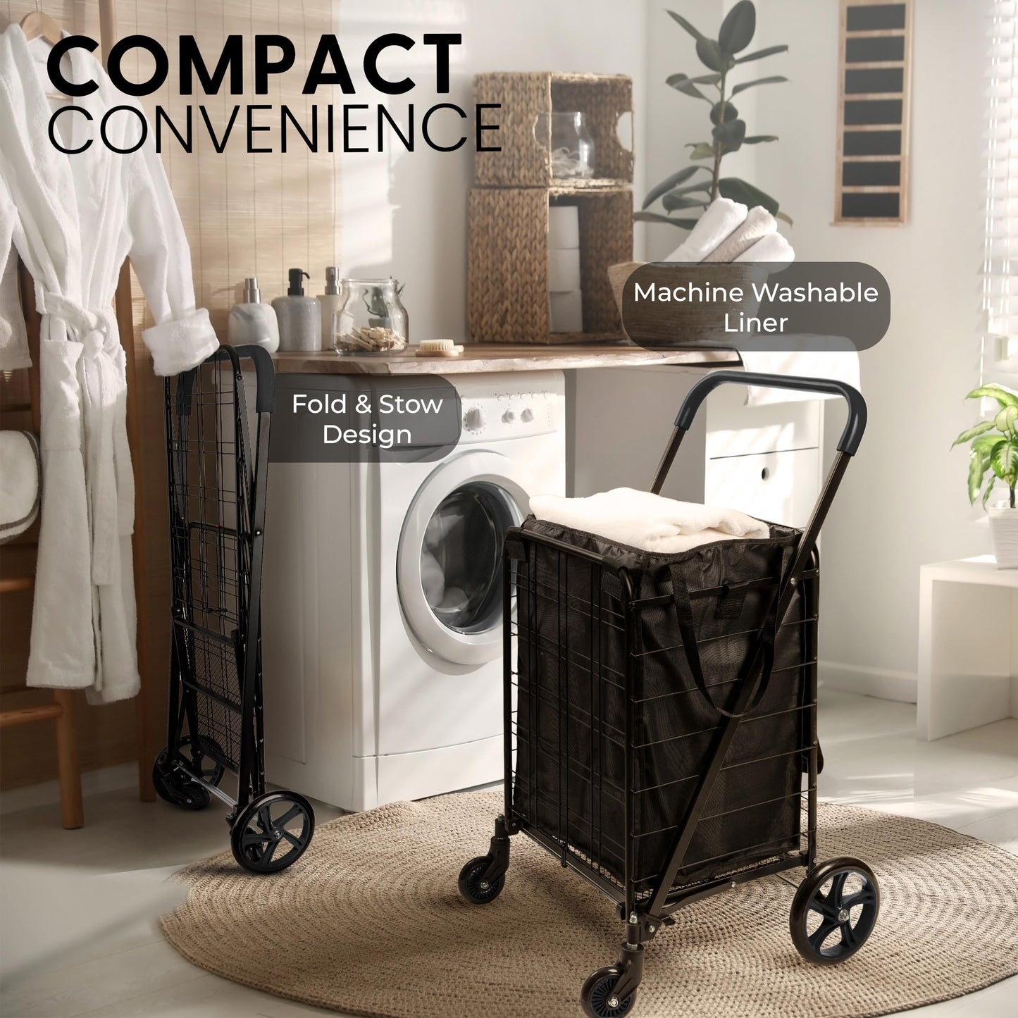 SereneLife Large Folding Utility Shopping Cart with Removable Liner – Heavy Duty, 360° Swivel Wheels, 110 lb Capacity, Portable for Groceries, Laundry, Luggage, and More (Black)