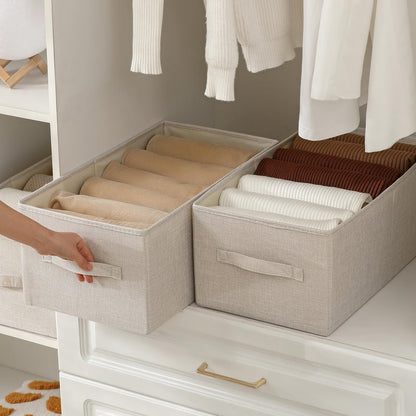 tulinstiraga Linen Folding Storage Bins, 3 Pack Large Storage Baskets, Washable, Clothing Storage Bins with Handle, Closet Organizer for Storage Sweater,Sheets(Beige, 18½"x11 x8½)