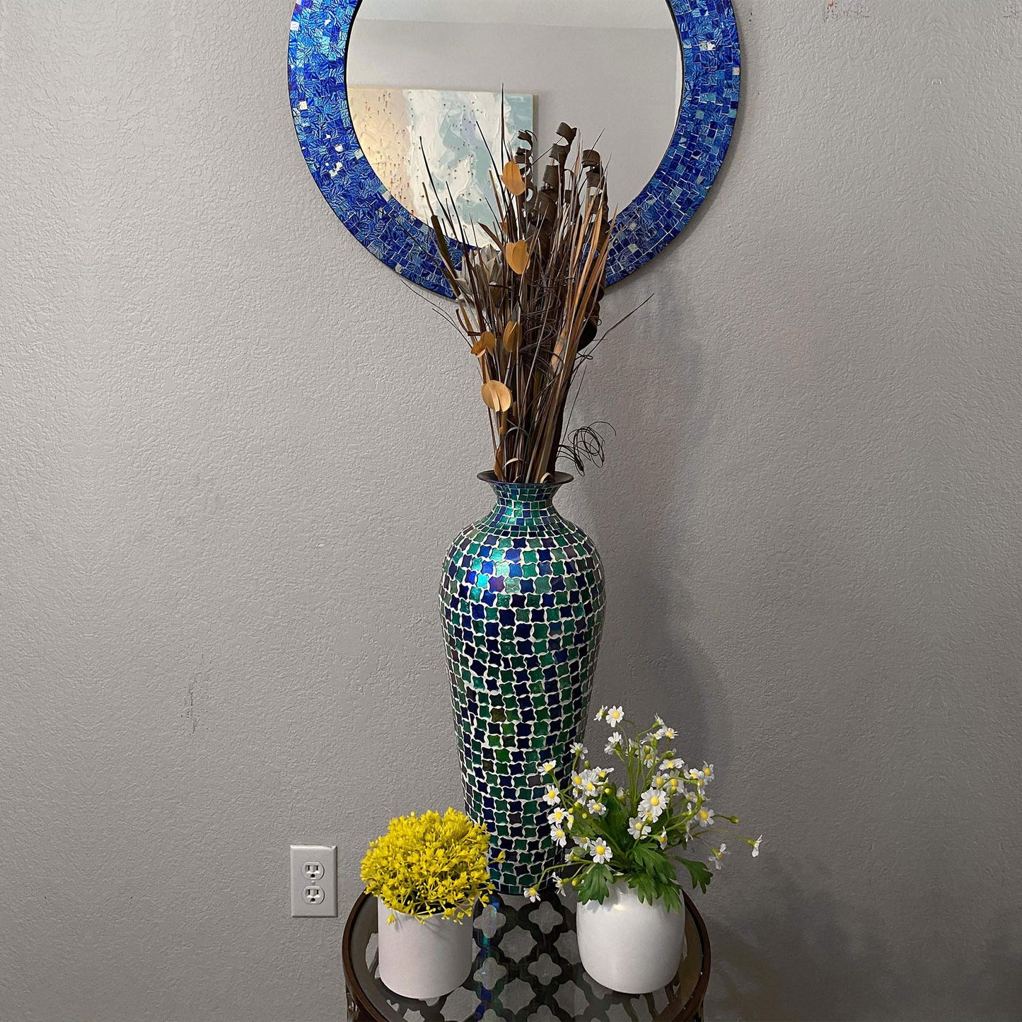 DecorShore Mosaic 20 Inch Decorative Tall Floor Vase, for Home Decor Geometric Pattern Metal Vase with Glass Mosaic- Blue and Turquoise Tessellation Pattern