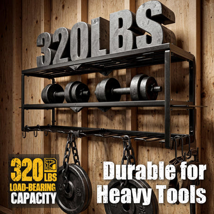 Amoowis Heavy Duty Power Tool Organizer for Wall Mount Garage Storage – 320 lbs Capacity, 3-Tier Iron Wire Rack with 8 Drill Slots, Shelf for Battery Charging Station – Gift for Fathers Day Handyman