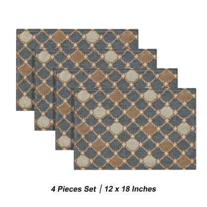 Loom and Mill Elegant Chenille Placemats Set of 4, Chic Checkered Pattern Jacquard Table Place Mats for Dining Table Kitchen Decor, Double Layer Dining Table Mats (Blue-Grey+Khaki+Beige, 12x18 inch)