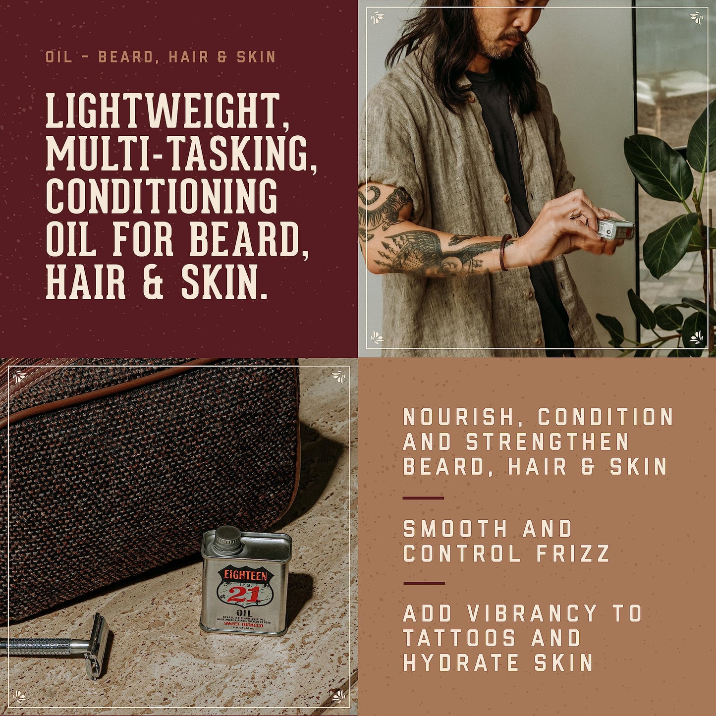 18.21 Man Made Hair, Skin & Beard Oil for Men, 4 Scents - Non-Greasy, Conditioning Balm with Castor Seed, Jojoba, and Argan Oils - Premium Tattoo and Mustache Care Products