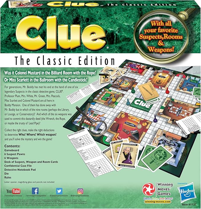 Clue Classic with 1949 Card Artwork &amp Suspects by Winning Moves Games USA Original Whodunnit Murder Mystery Game with Metal Weapons for 3to 6 Players Ages 8 and up