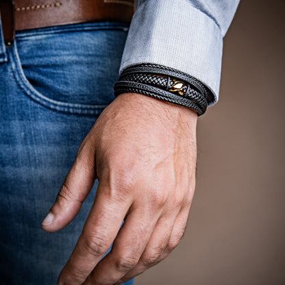 SERASAR Mens Bracelets 20cm Gold Gift Box Genuine Leather Cowhide Braided Adjust Able Magnetic Clasp Multi Layer Wrap Jewellery Rope Man Mans Male Band Jewelry Accessories