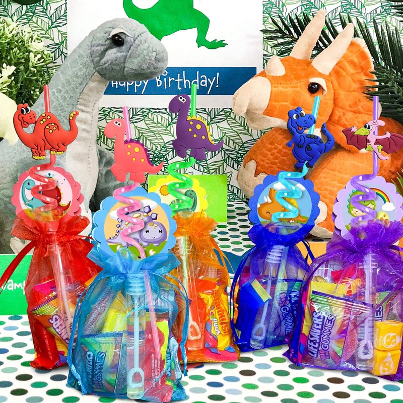 FZR Legend 24 Reusable Dinosaur Drinking Plastic Straws + 6 Dinosaur Temporary Tattoos for Kids Girls Boys | Dinosaur Birthday Party Supplies Three Rex Party Favors Decorations with Cleaning Brush