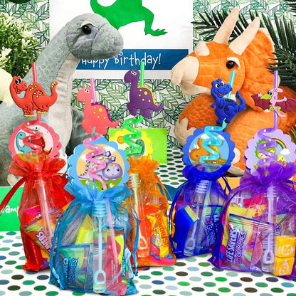 FZR Legend 24 Reusable Dinosaur Drinking Plastic Straws + 6 Dinosaur Temporary Tattoos for Kids Girls Boys | Dinosaur Birthday Party Supplies Three Rex Party Favors Decorations with Cleaning Brush